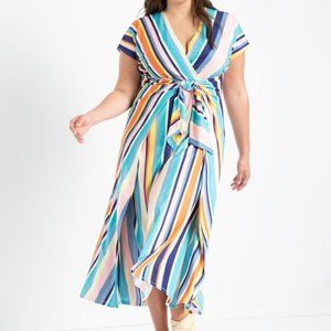 ELOQUII Striped Faux-Wrap Tie Dress 16 Plus